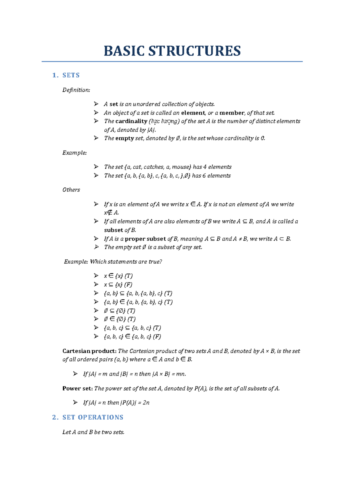 Basic Structures - BASIC STRUCTURES 1. SETS Definition: A set is an ...