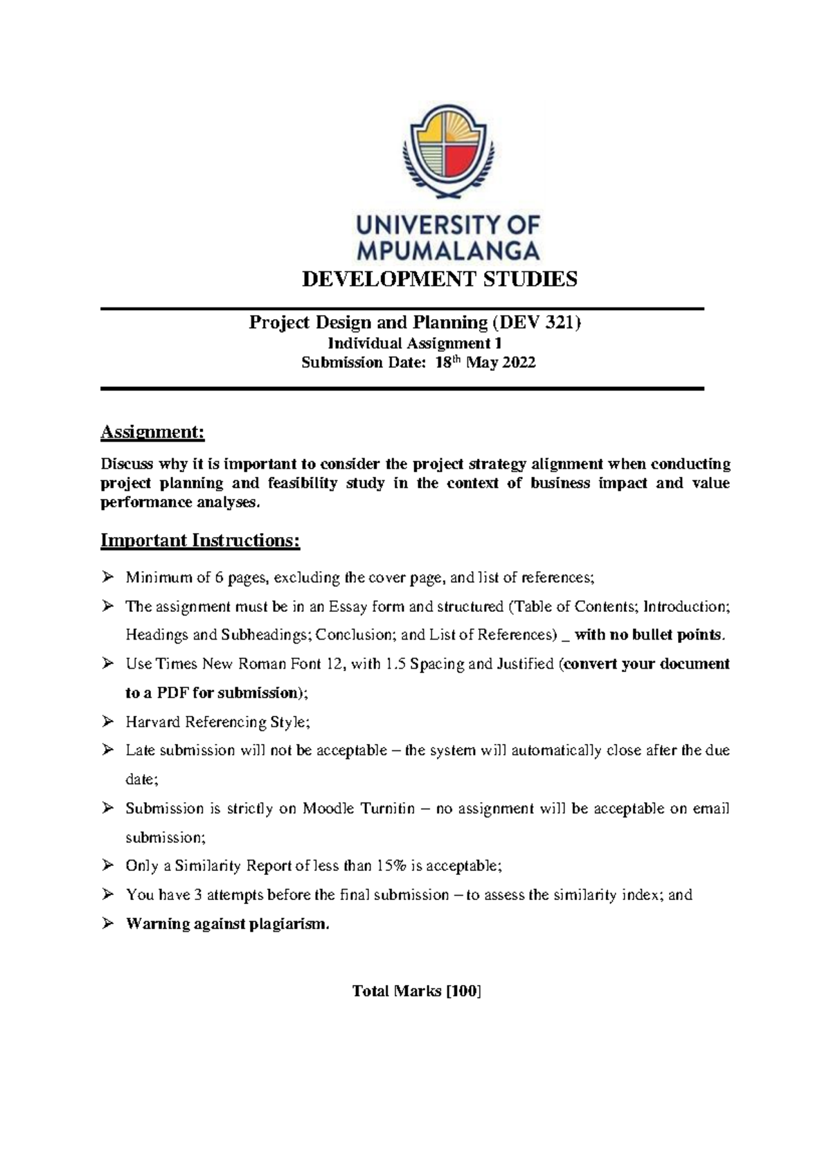 DEV 3 21: Individual Assignment on Project Strategy Alignment - Studocu