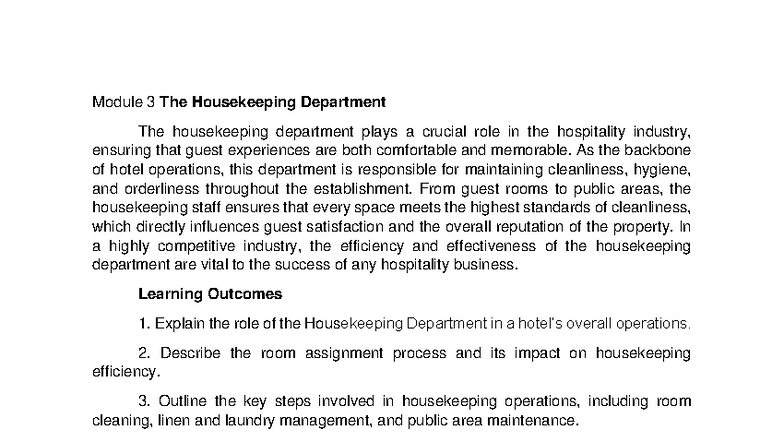 Module 3: The Essential Role of the Housekeeping Department in ...