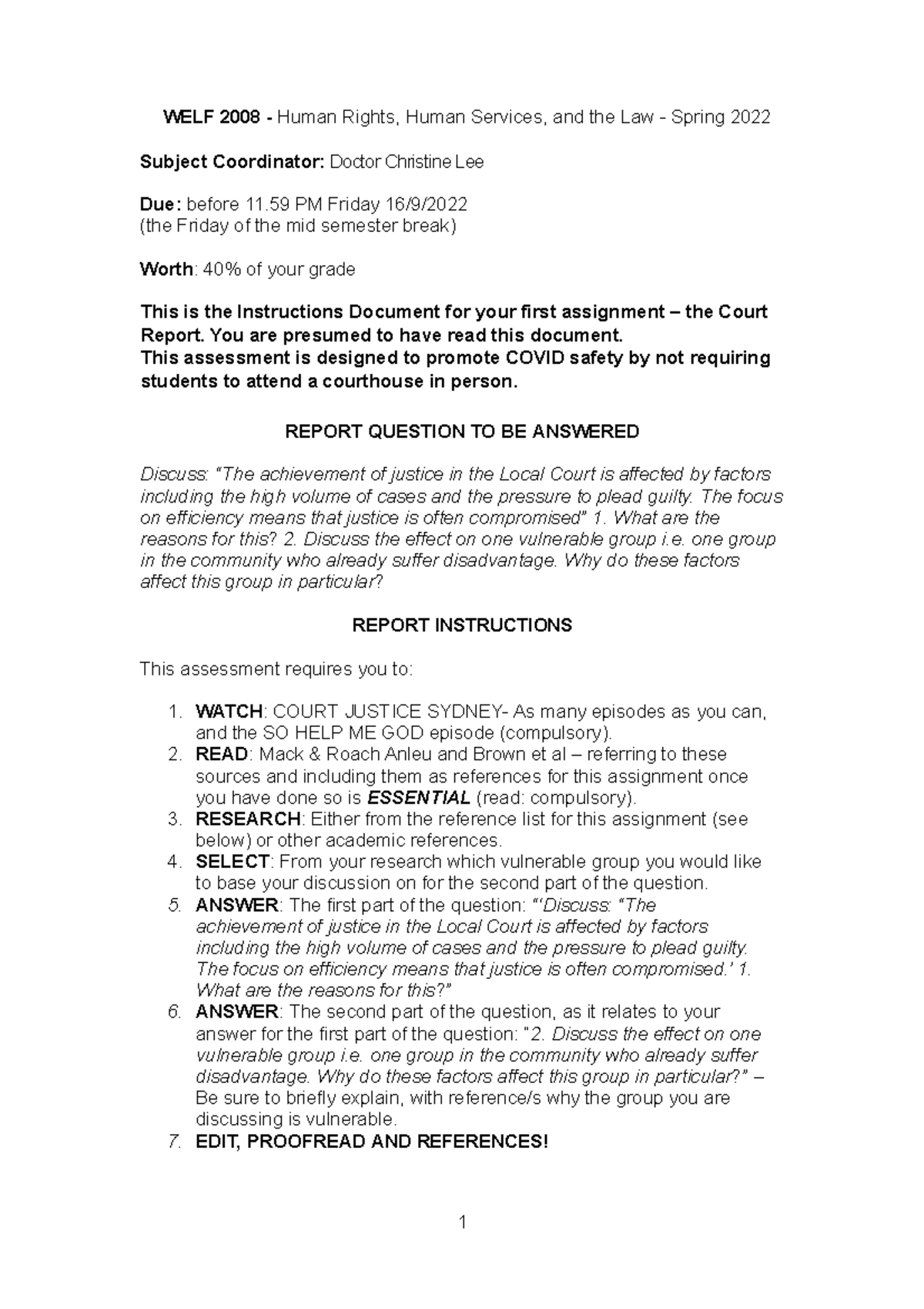 WELF 2008: Court Report Assignment Guidelines - Spring 2022 - Studocu