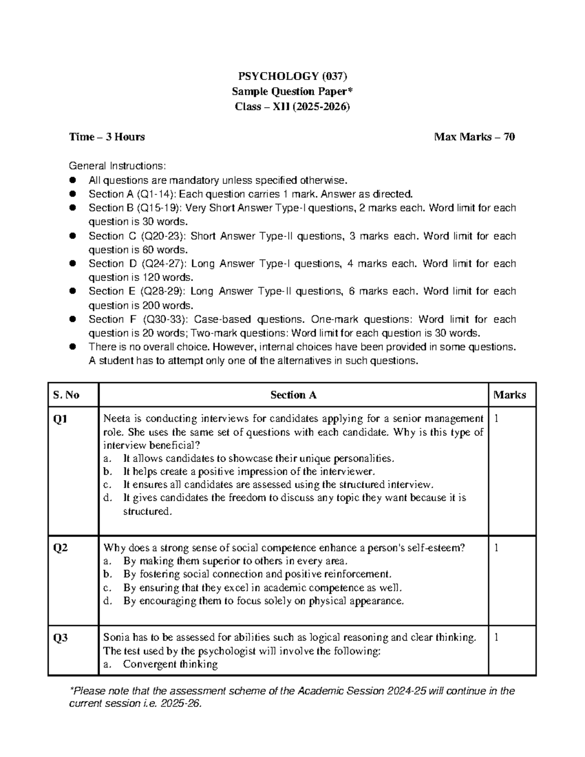 PSYCHOLOGY (037) Class XII Sample Question Paper - 3 Hours - Studocu