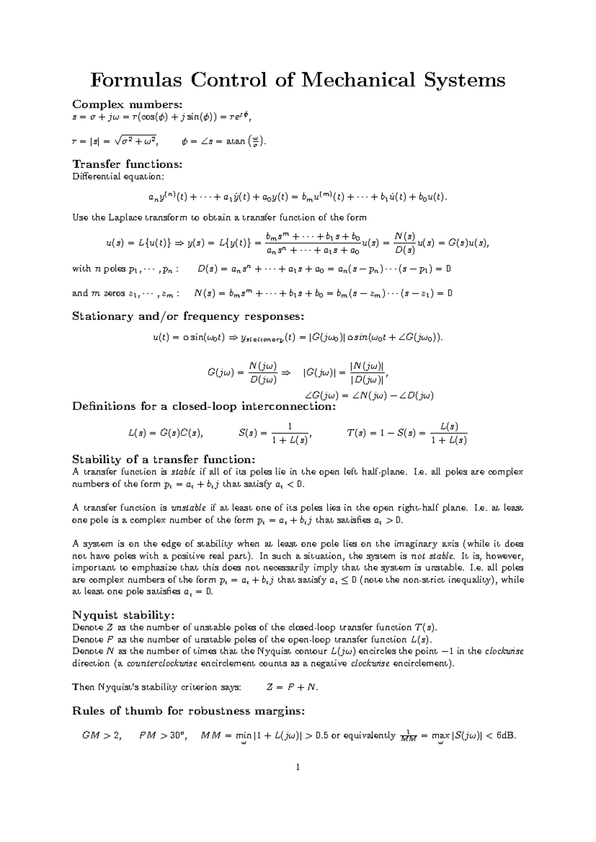 Formula Sheet for Control of Mechanical Systems: Key Concepts ...