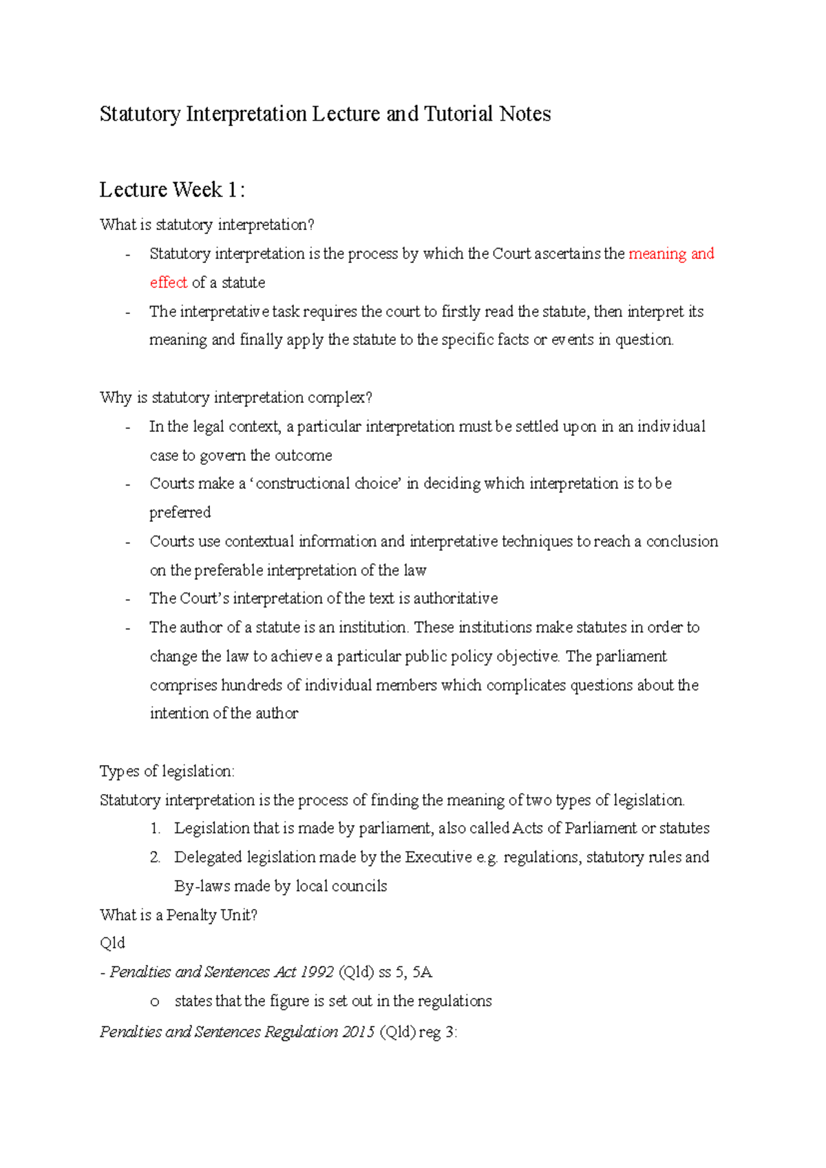 Statutory Interpretation Lecture Notes (Week 1): Understanding the ...