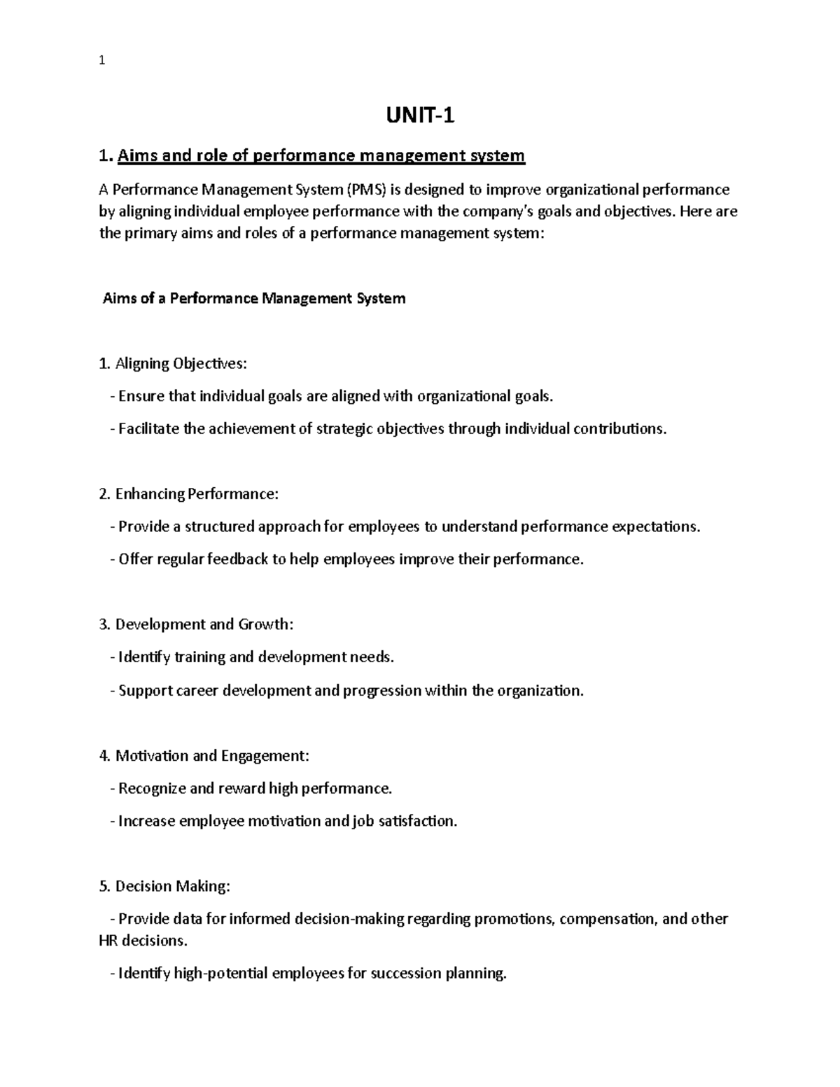 Performance Management - UNIT- 1 1. Aims and role of performance ...
