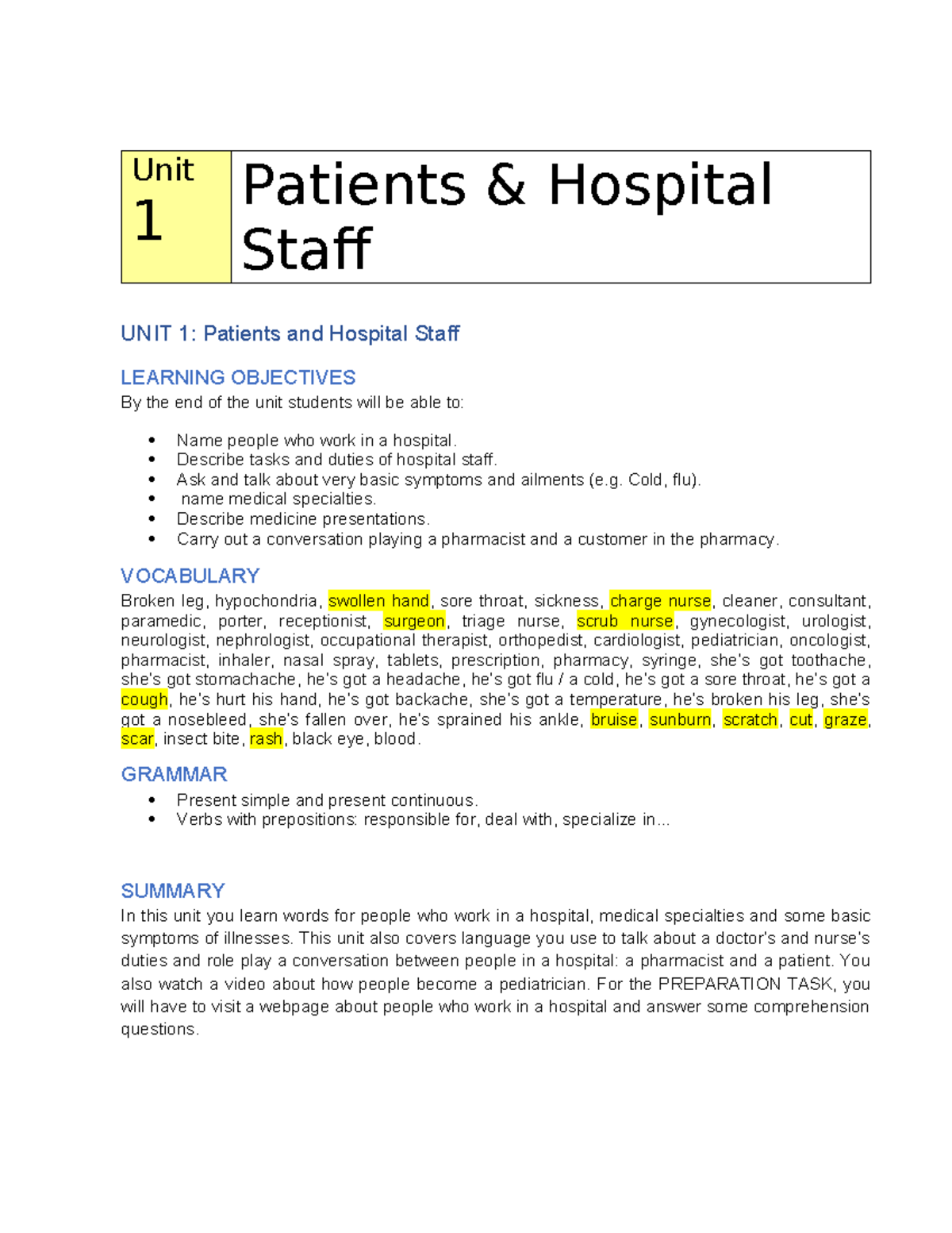 UNIT 1: Overview of Hospital Staff & Patient Care Duties - Studocu