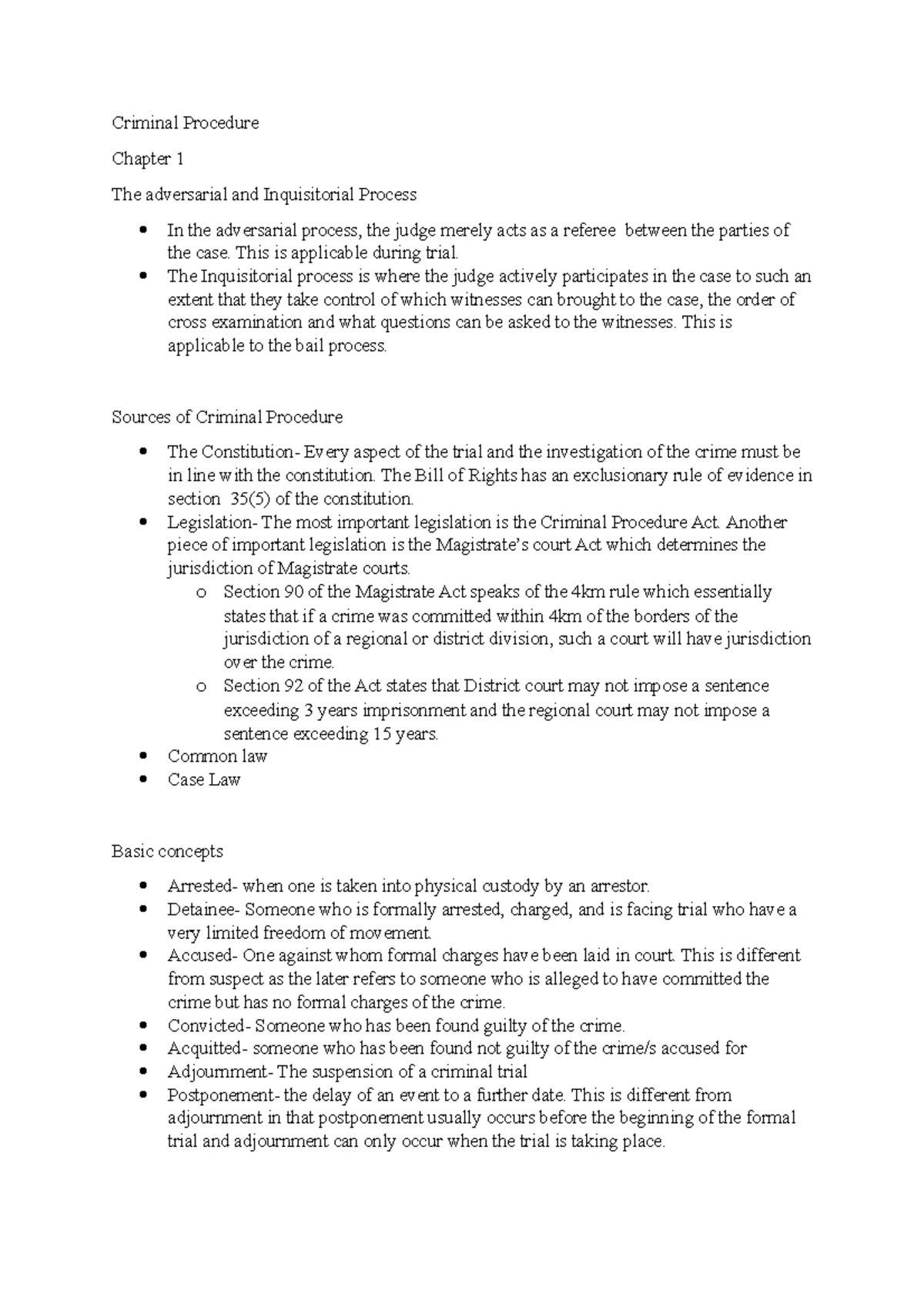 Criminal Procedure notes - Criminal Procedure Chapter 1 The adversarial ...
