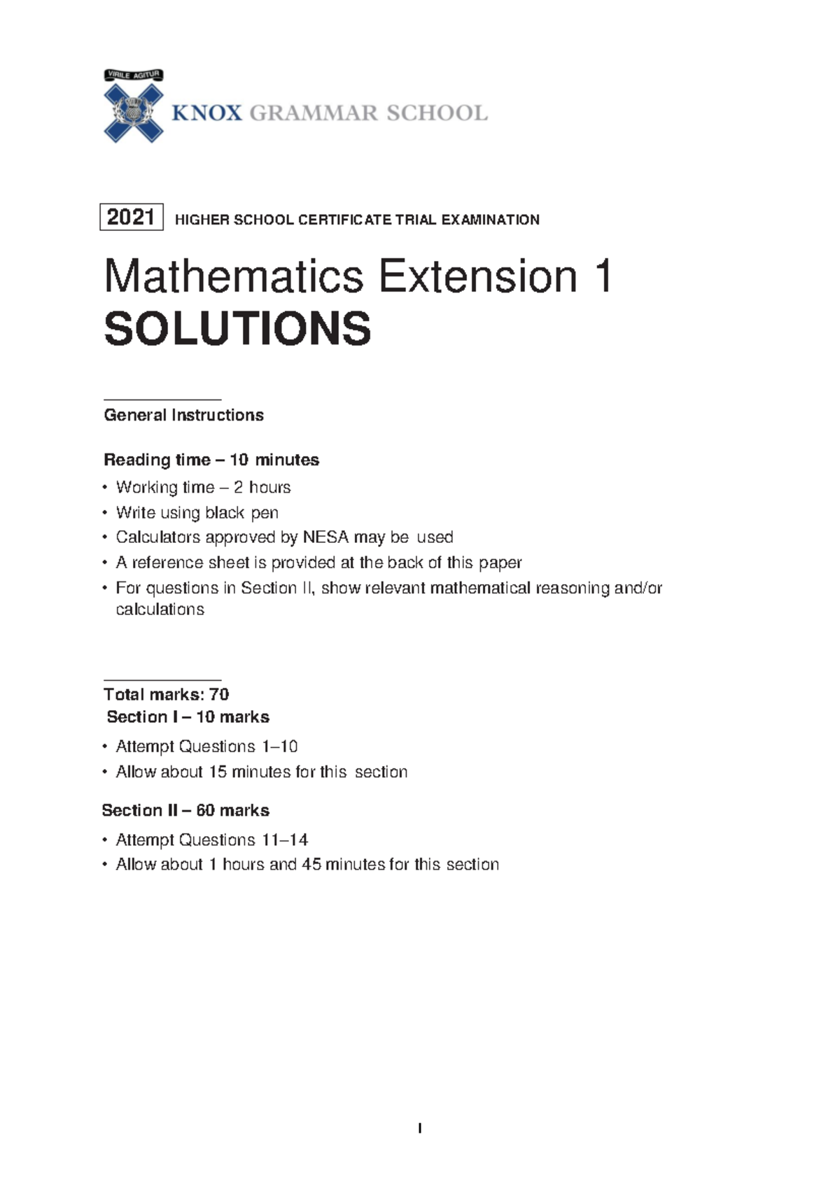 2021 KNOX Year 12 Mathematics Extension 1 Trial Exam Solutions - Studocu