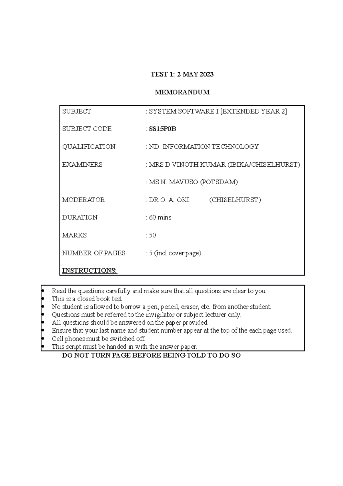 SS15P0B Test 1 Memo - System Software I - Y2 - May 2023 - Studocu