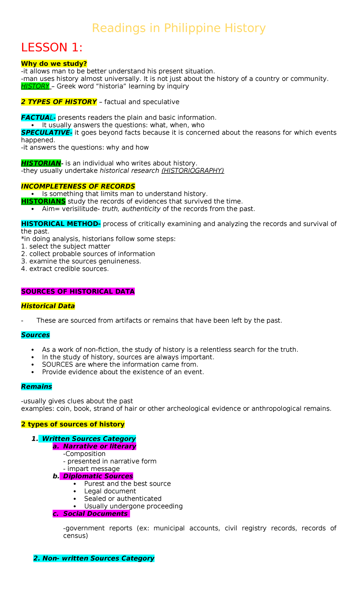 Readings in Philippine History (HIST 101) - Lesson 1 Overview - Studocu