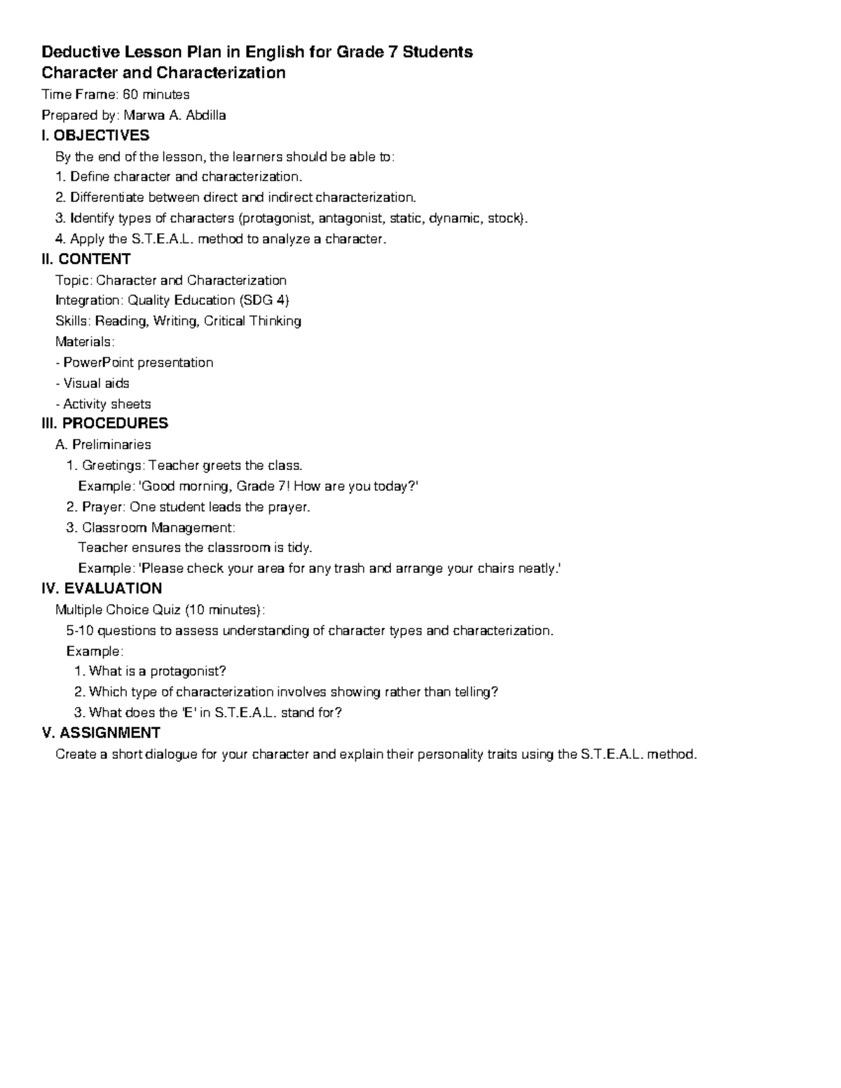 Grade 7 English Deductive Lesson Plan on Character & Characterization ...