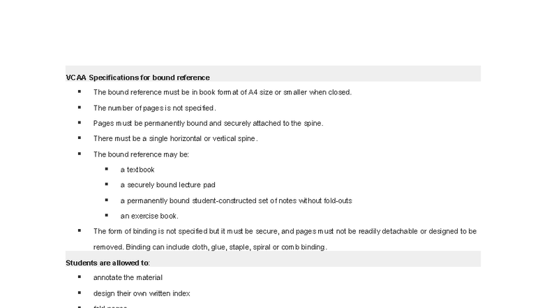 VCAA Specifications for Bound Reference - Visual Diary Notes - Studocu