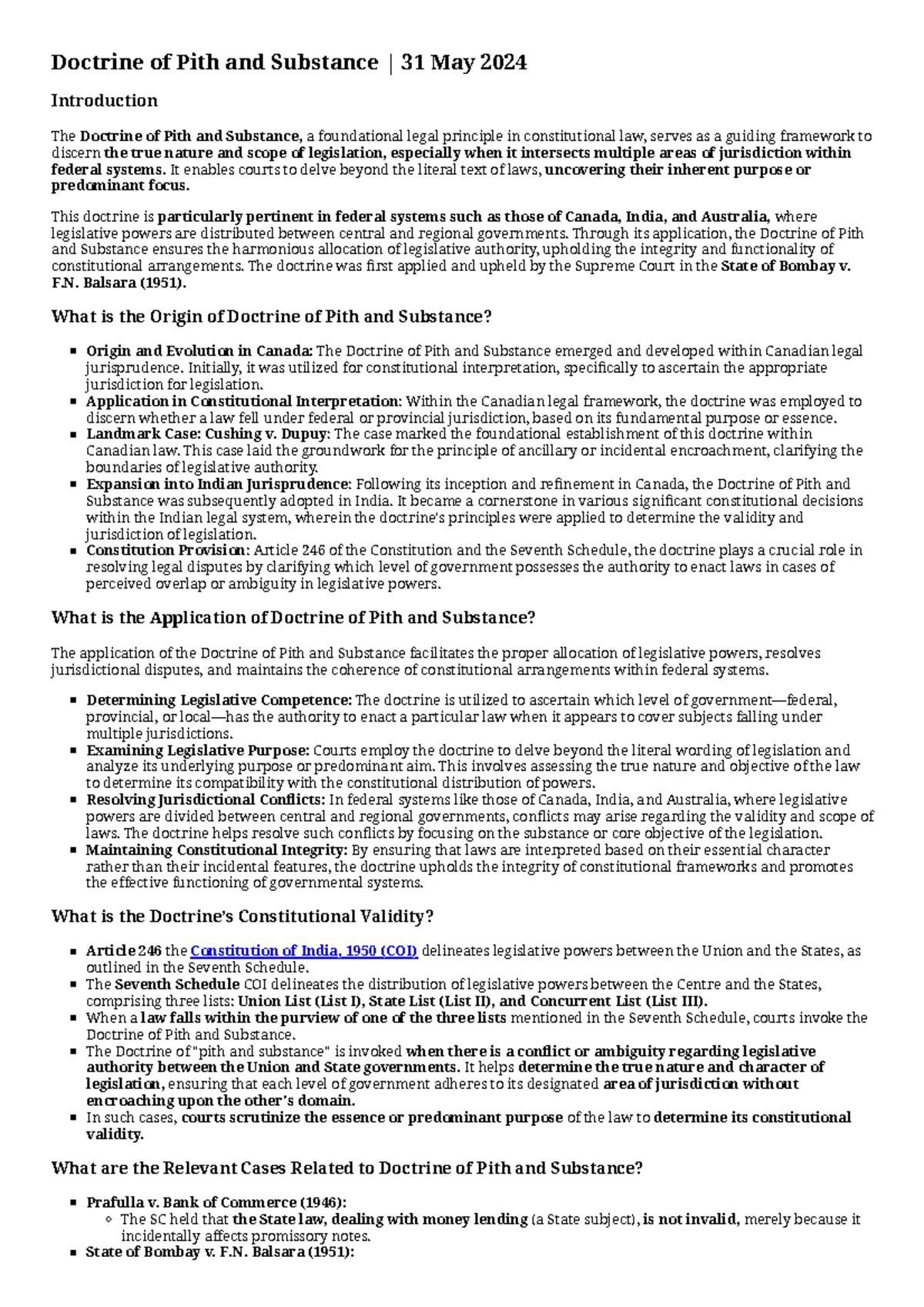 Doctrine of Pith and Substance: Legal Framework & Applications - Studocu