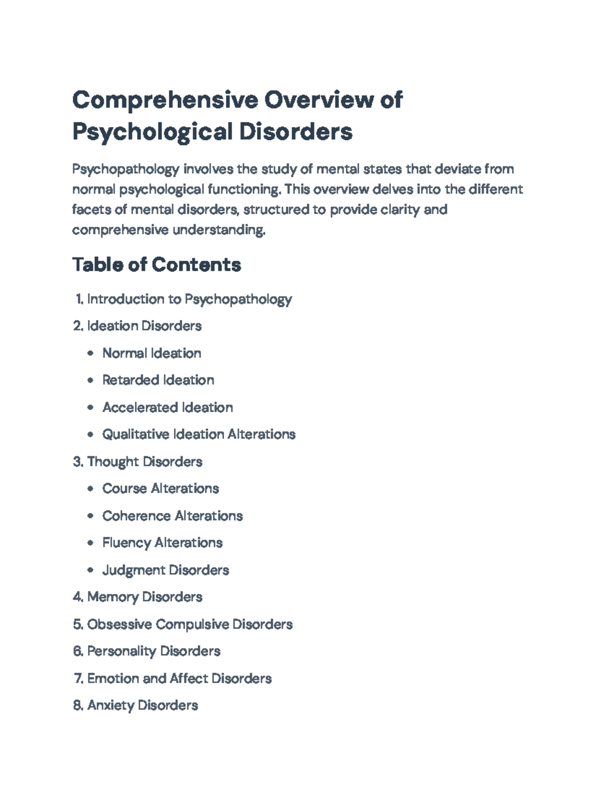Comprehensive Overview of Psychological Disorders (PSY 101 ...