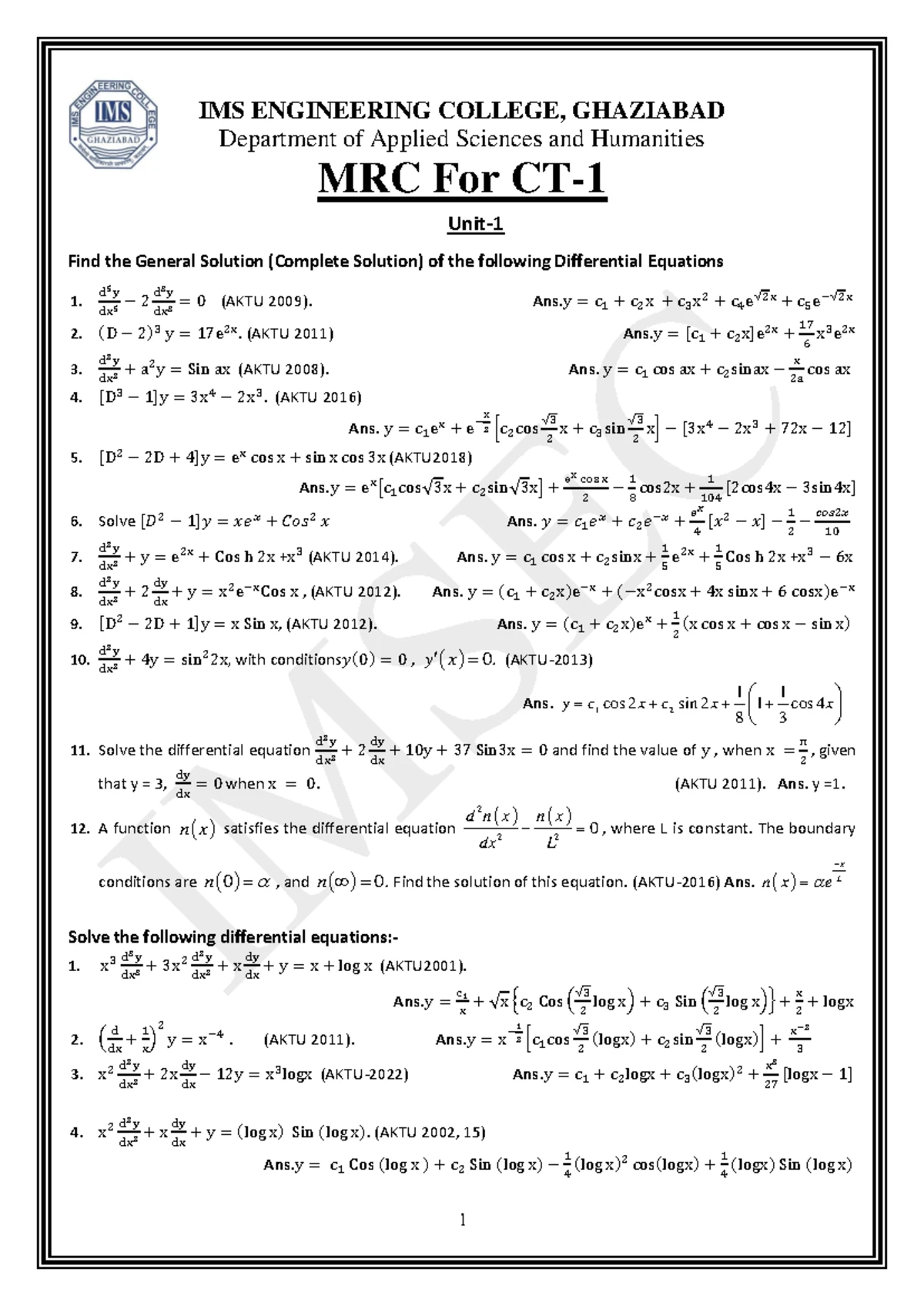MRC Solution of Unit-05( Complex variable integrations) - MRC HY CHOICE ...