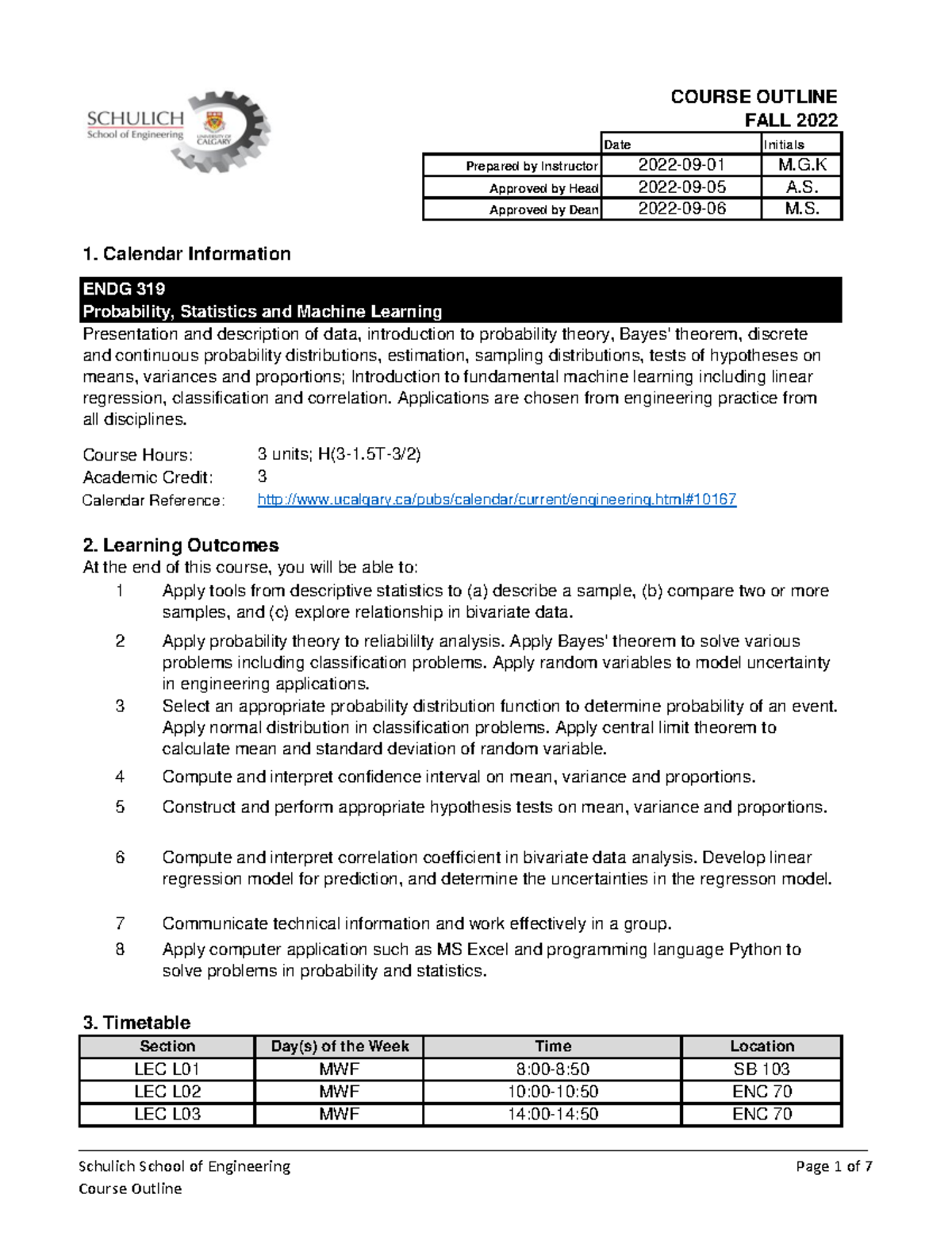 ENDG 319 - Course Outline: Probability, Stats & Machine Learning (Fall ...