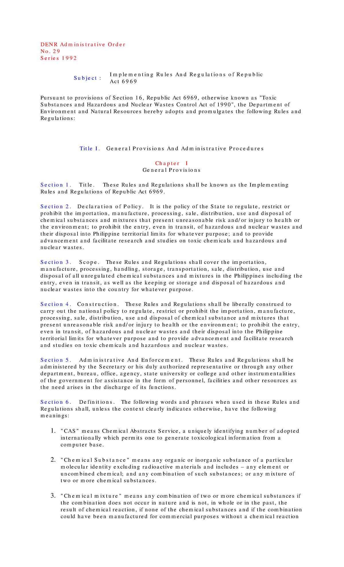 DAO 29-1992: Implementing Rules for RA 6969 on Hazardous Waste - Studocu
