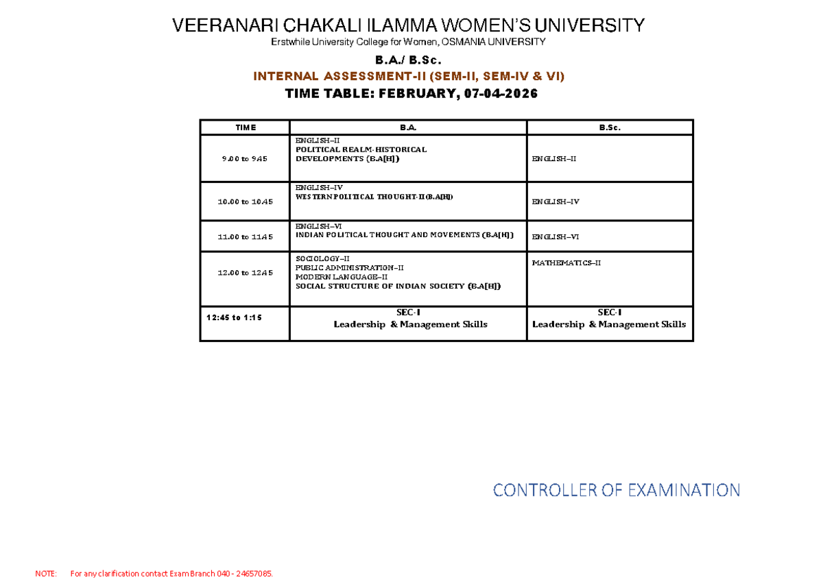 B.A. & B.Sc. II Internal Exam Time Table - FEB 2026 (II, IV & VI SEM ...