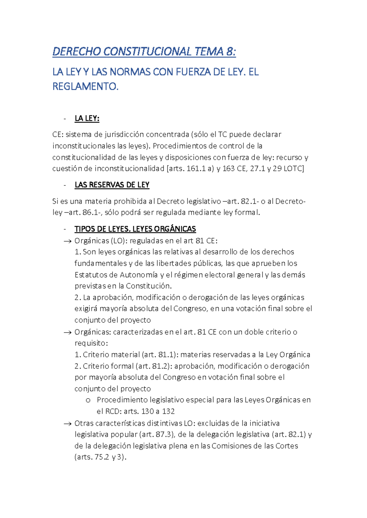 TEMA 8 Consti - DERECHO CONSTITUCIONAL TEMA 8: LA LEY Y LAS NORMAS CON ...