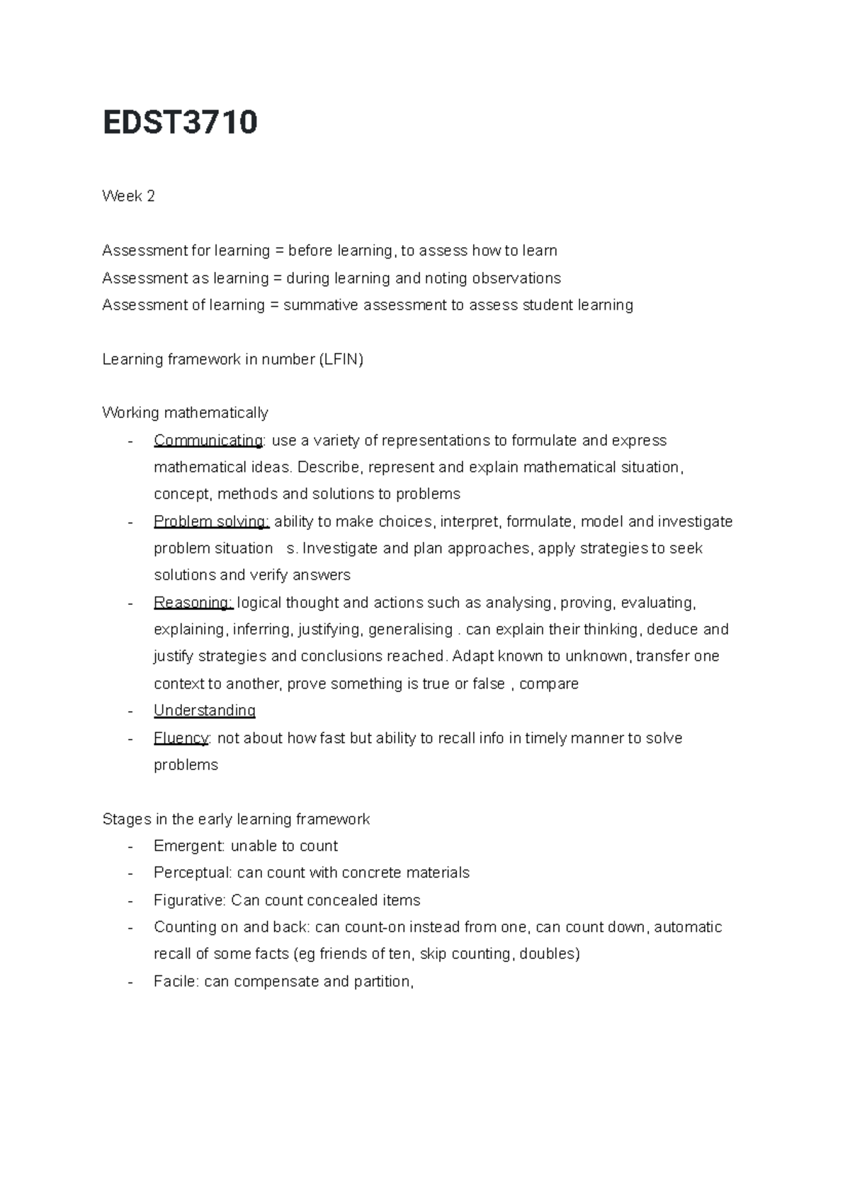 EDST3710 Week 2-3 Lecture & Tutorial Notes on Assessment for Learning ...