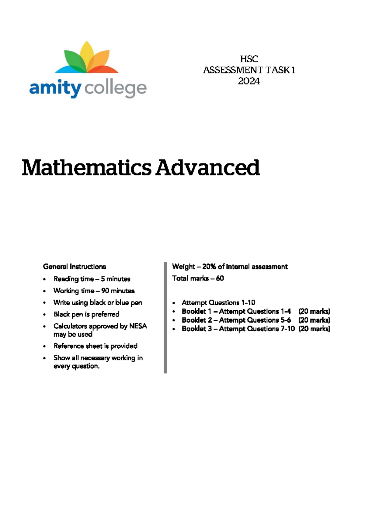 2024 HSC Mathematics Advanced Assessment Task 1 - Studocu