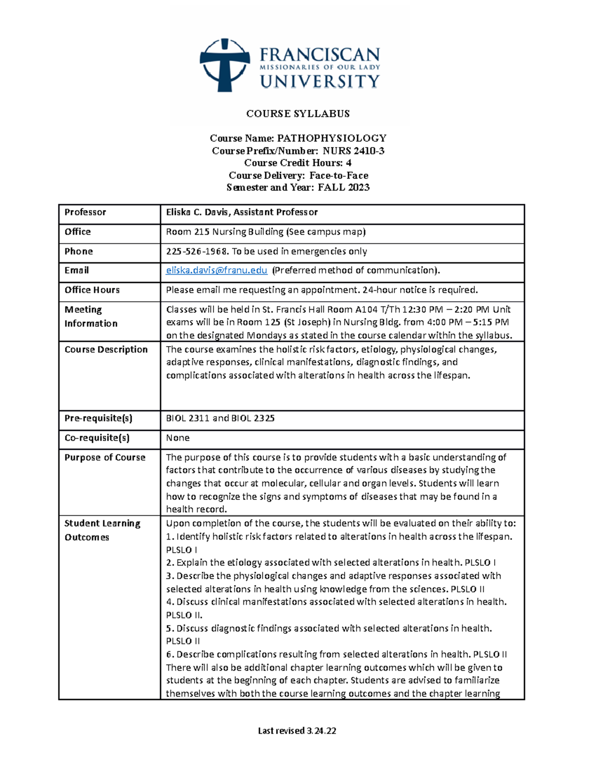Syllabus for Pathophysiology NURS 2410 FALL 2023 (Prof. Davis) - Studocu