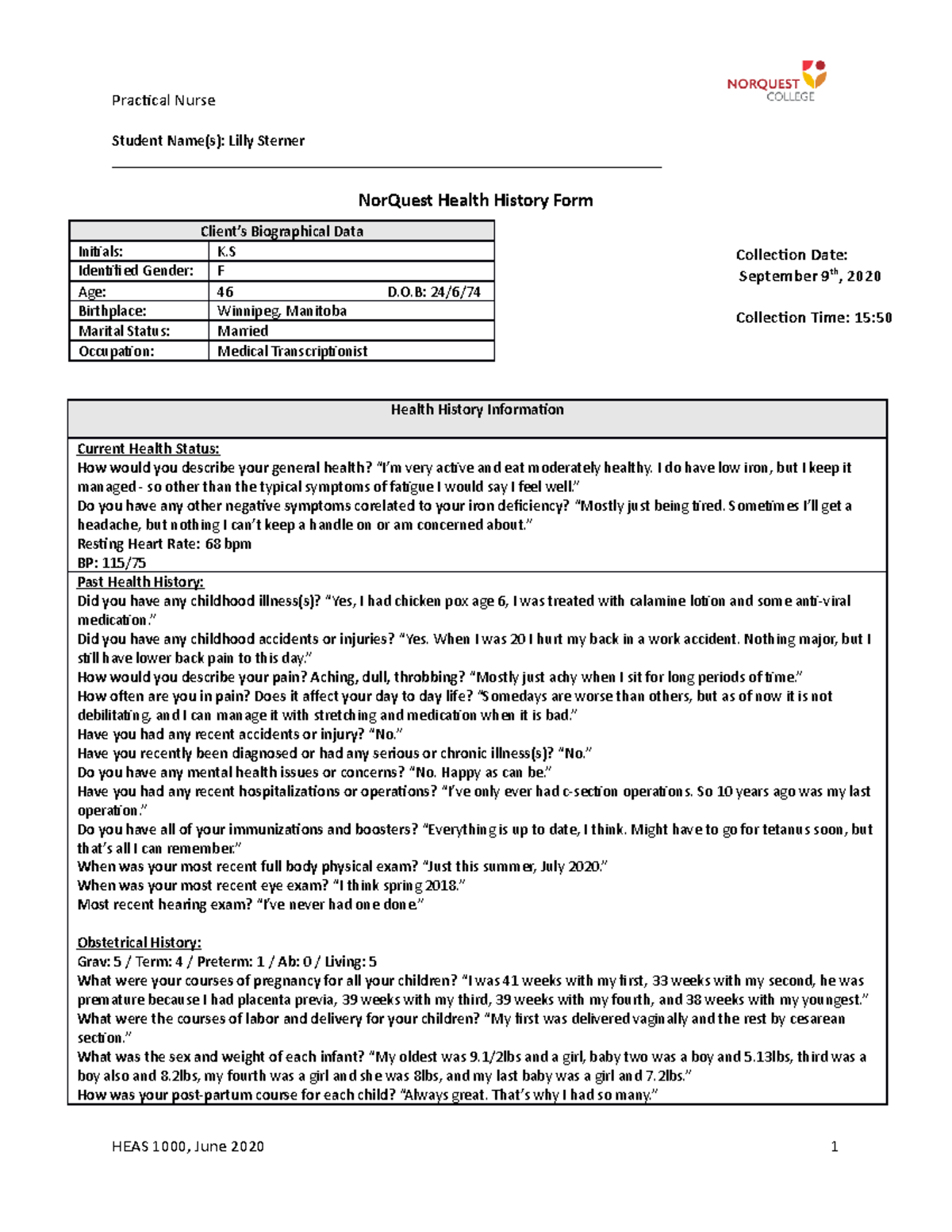 HEAS Health History Assignment Report: Client Profile and Analysis ...