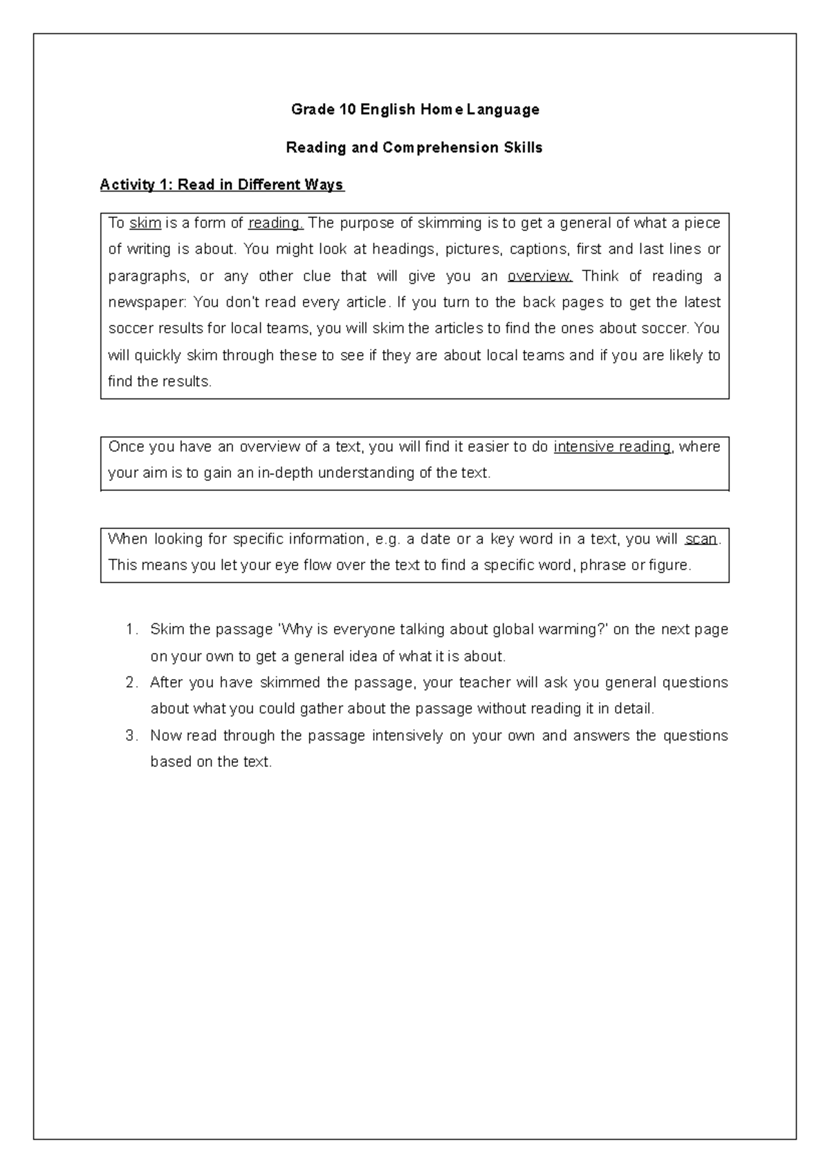 Grade 10 English HL: Reading & Comprehension on Global Warming - Studocu