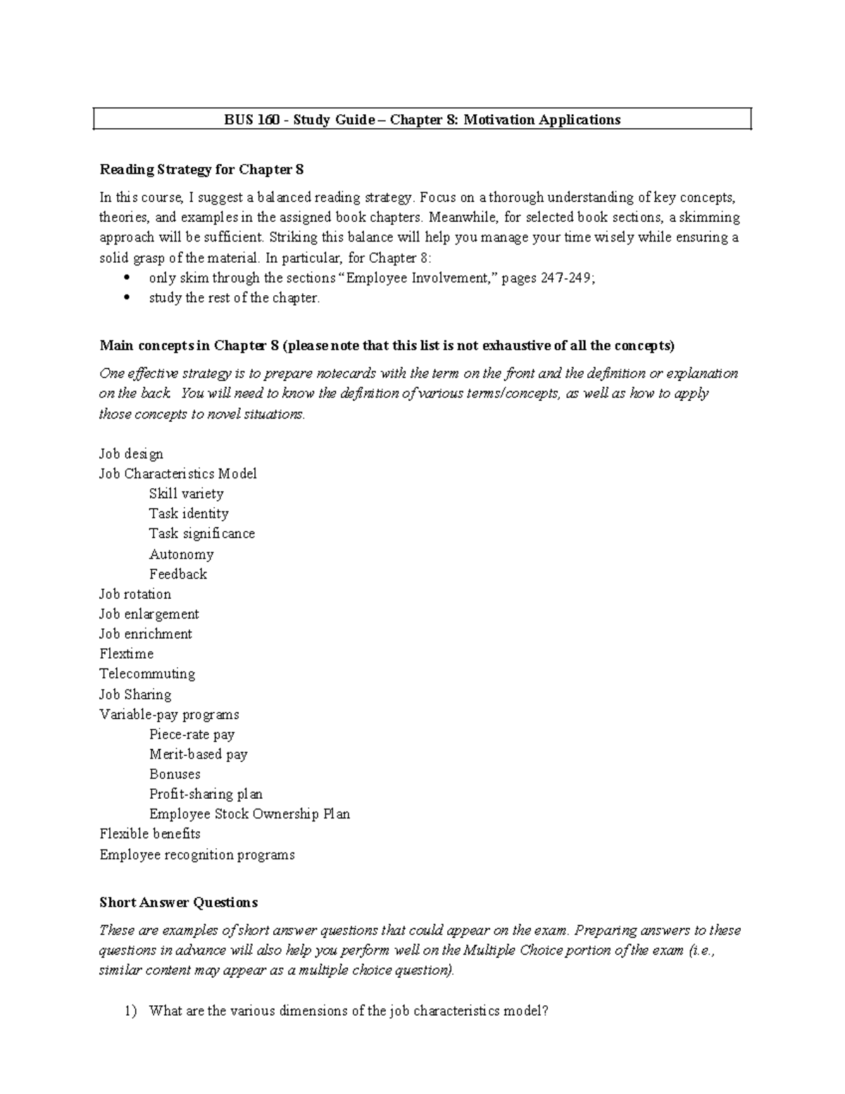 BUS 160 Study Guide: Chapter 8 - Motivation Applications & Job Design ...