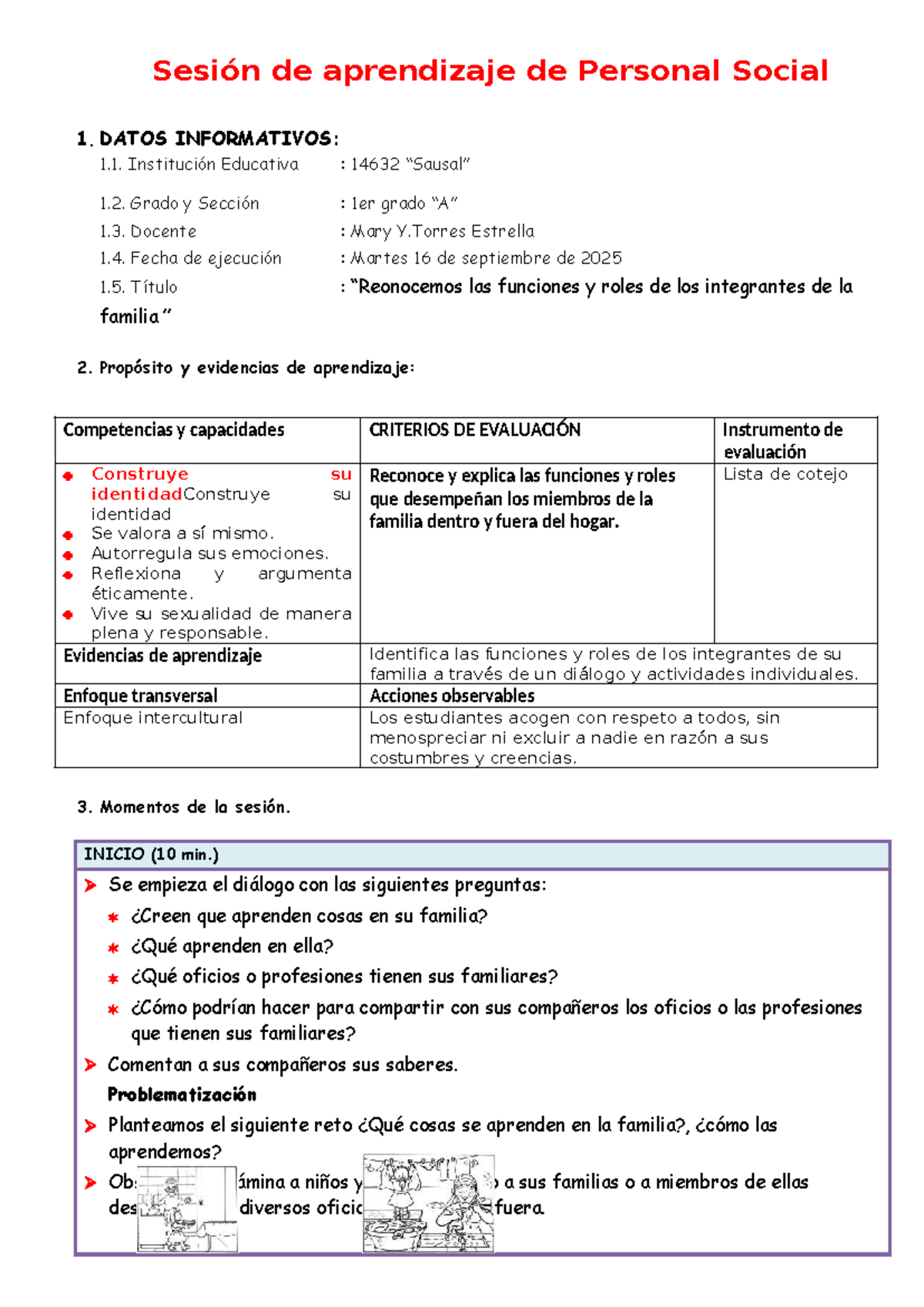 Sesión de Aprendizaje de Personal Social 1: Oficios y Roles Familiares ...