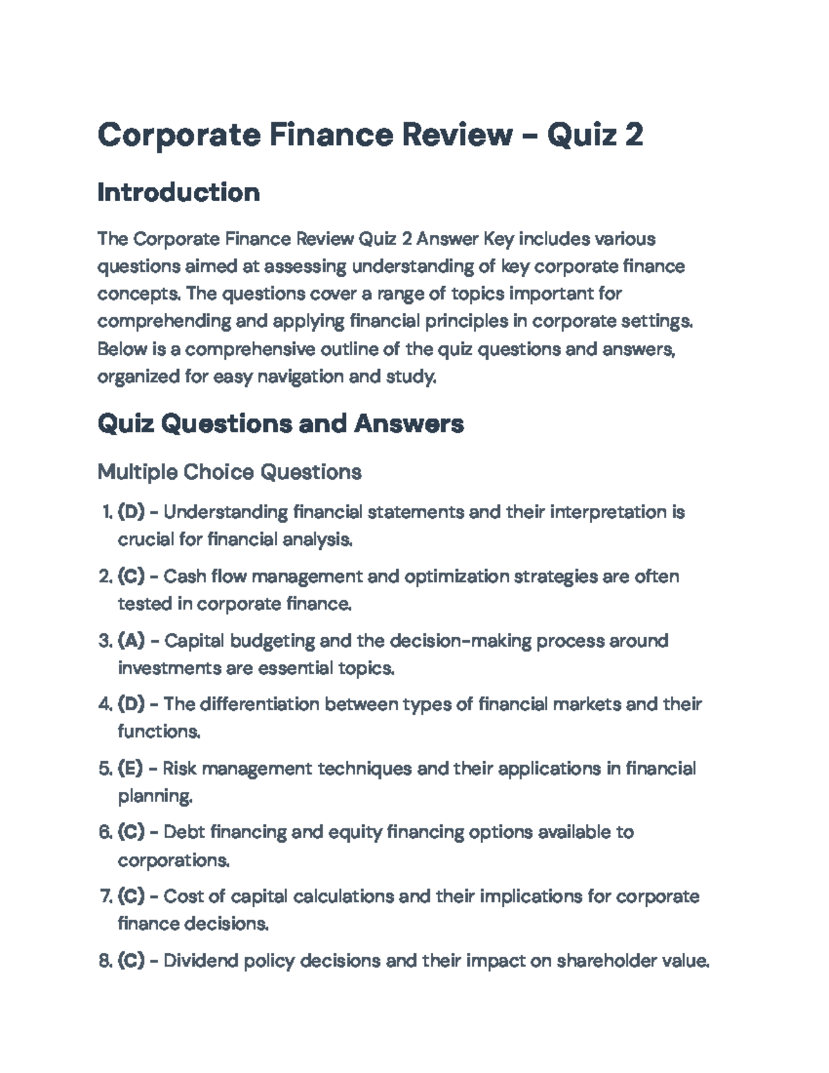 Corporate Finance Review - Quiz 2 Answer Key and Study Guide ...