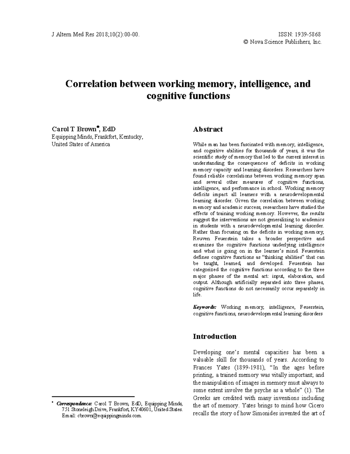 Correlation Between Working Memory, Intelligence & Cognitive Functions ...