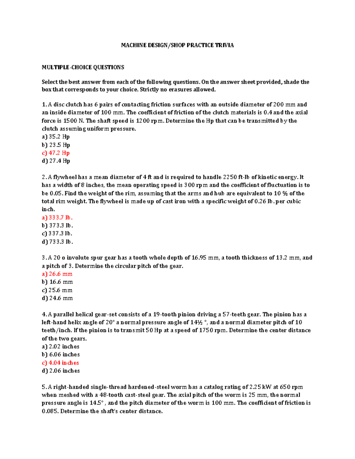 Machine Design Q - MULTIPLE-CHOICE QUESTIONS Select the best answer ...