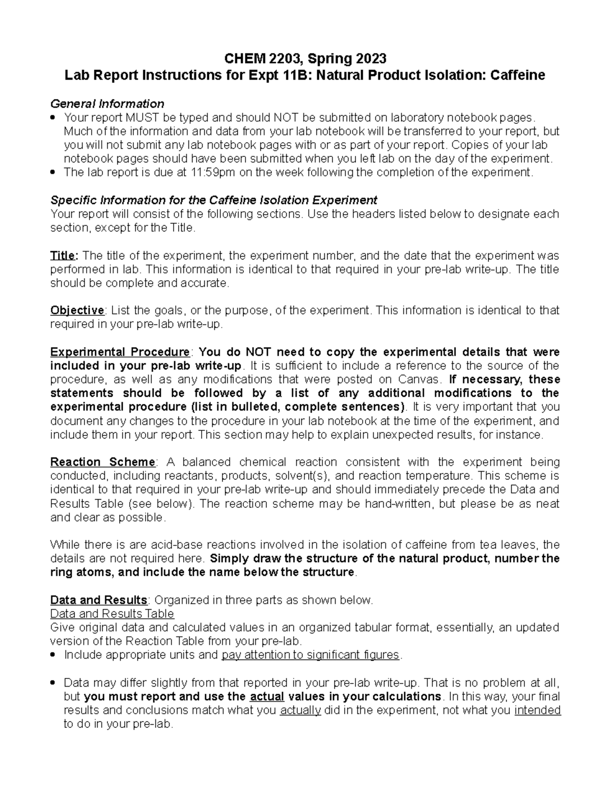 Caffeine Isolation Lab Report for CHEM 2203 - Spring 2023 - Studocu