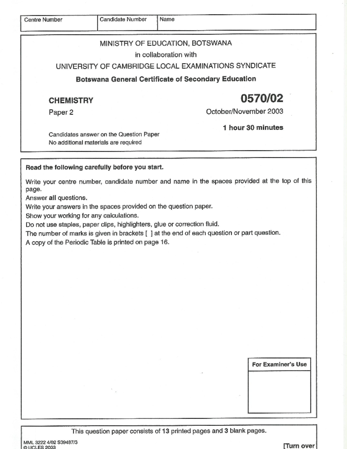 BGCSE Chemistry 2003 Paper 2 - Past Exam Questions and Answers - Studocu