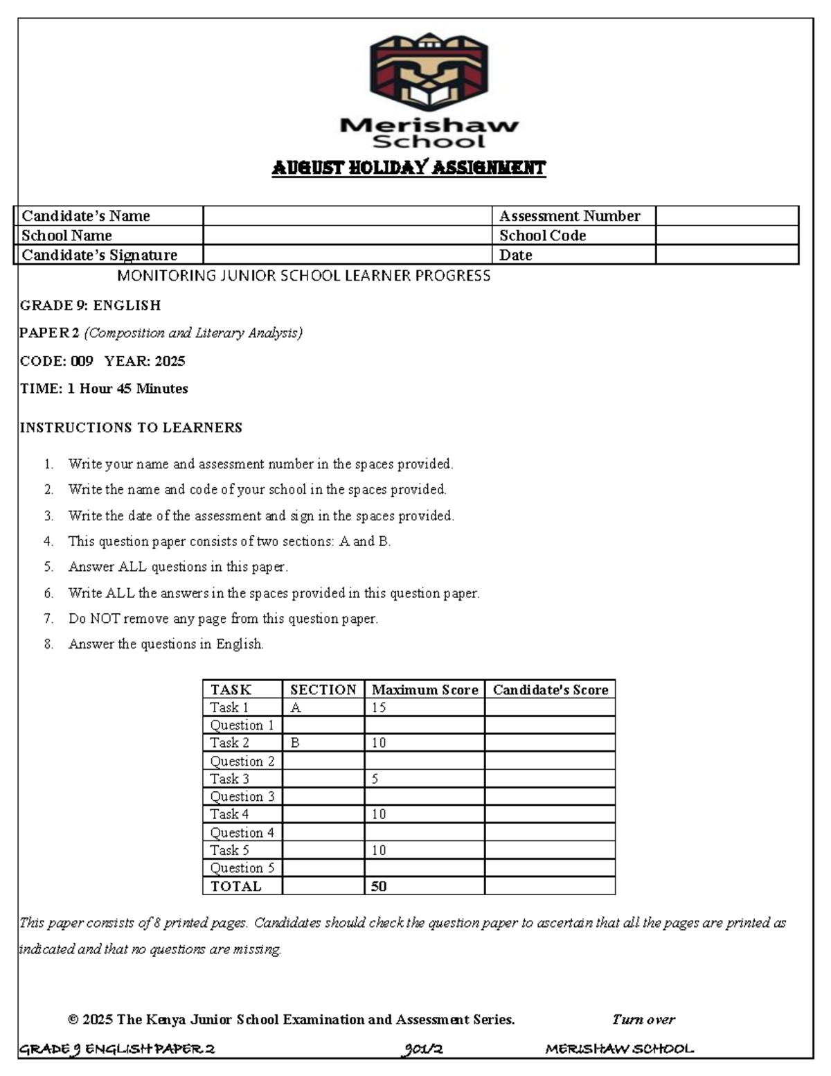 GRADE 9 ENGLISH AUGUST HOLIDAY ASSIGNMENT: COMPOSITION & LITERARY ...