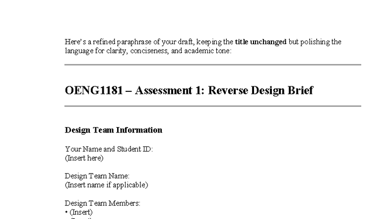 OENG1181 Assessment 1: Reverse Design Brief for Clean Water Access ...