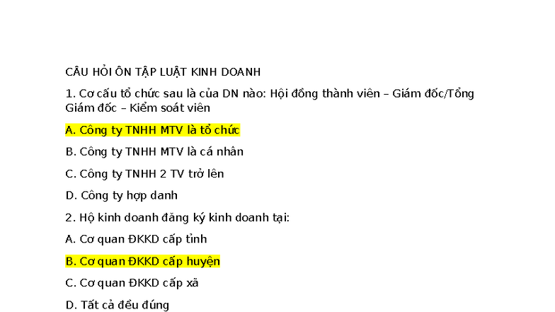CÂU HỎI ÔN TẬP LUẬT KINH DOANH 1 - 47 - Document Preview