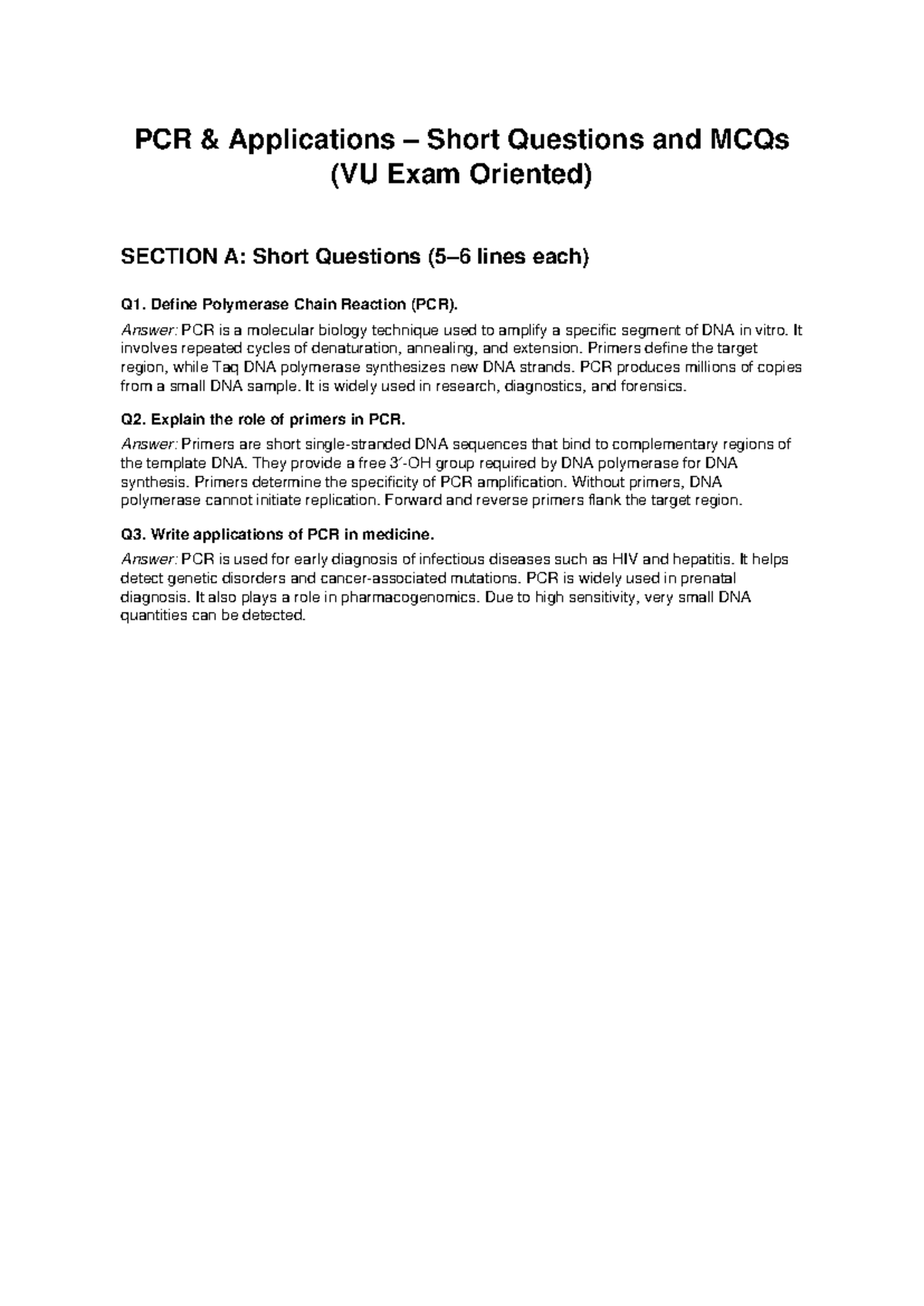 PCR Applications: Short Questions & MCQs (VU Exam Oriented) - Studocu