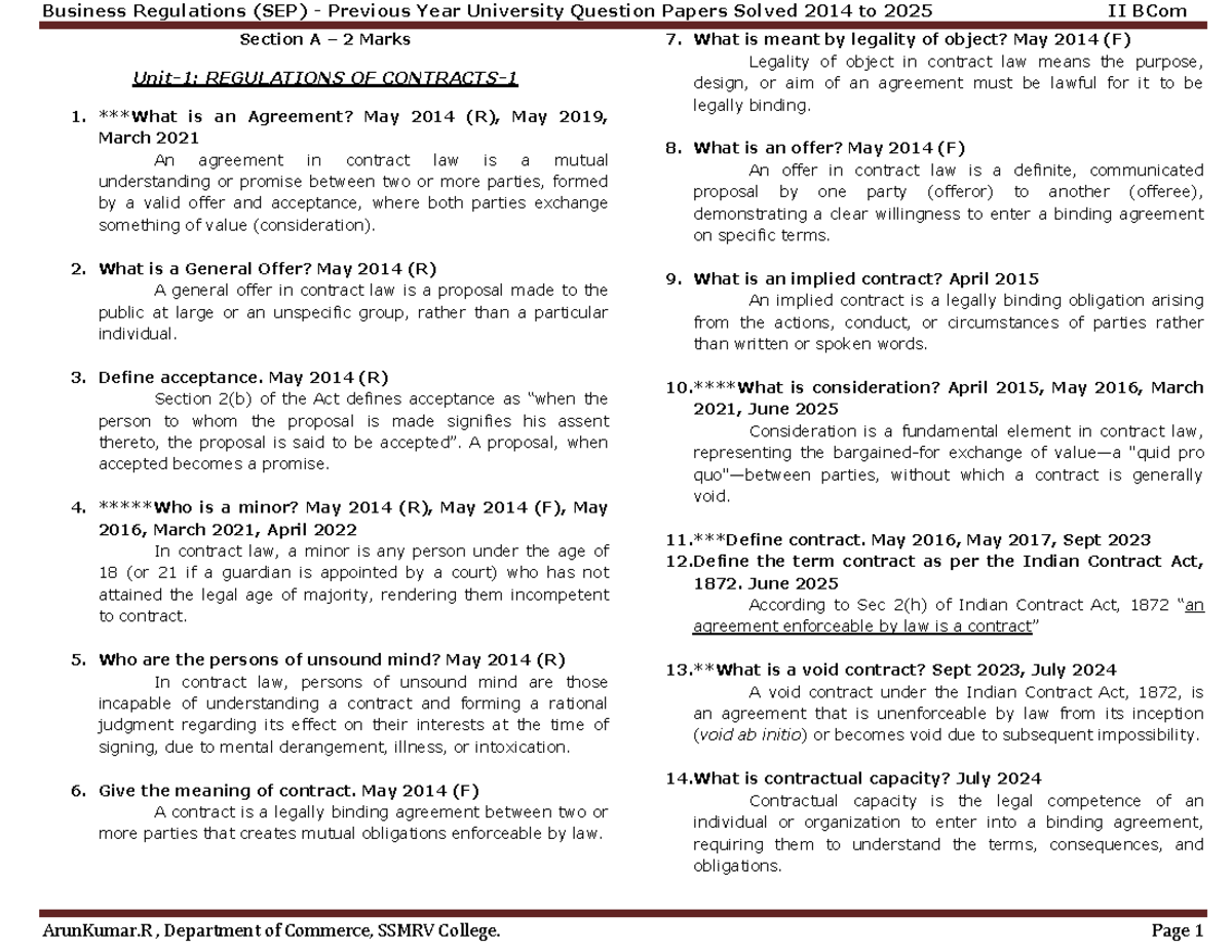 Business Regulations (SEP) Solved Previous Year QP 2014-2025 - 2 Marks ...