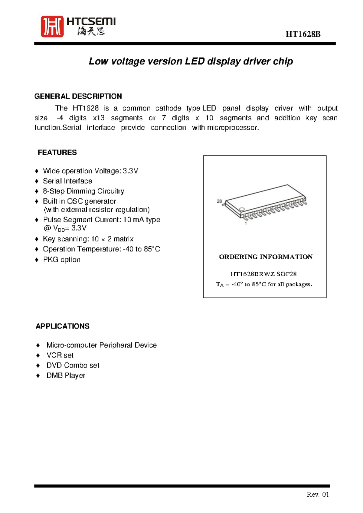 HT1628B LED Display Driver Chip: Comprehensive Datasheet Overview - Studocu