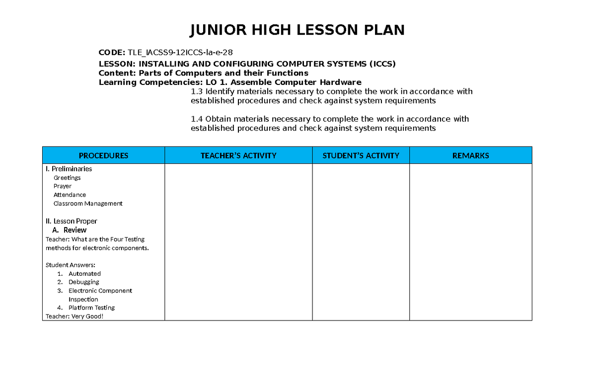 JHS Lesson Plan: Installing & Configuring Computer Systems (ICCS) - Studocu