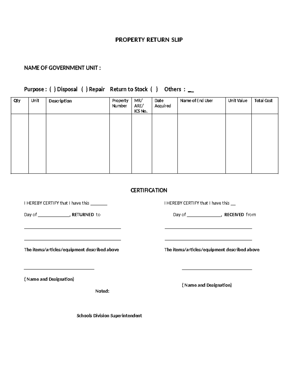 NA - Property Return Slip - PROPERTY RETURN SLIP NAME OF GOVERNMENT ...