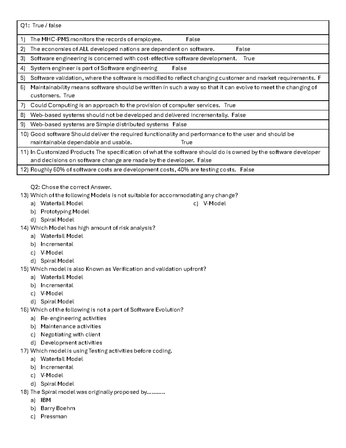 Software Engineering Quiz - T/F and MCQ (Med 101) - Studocu