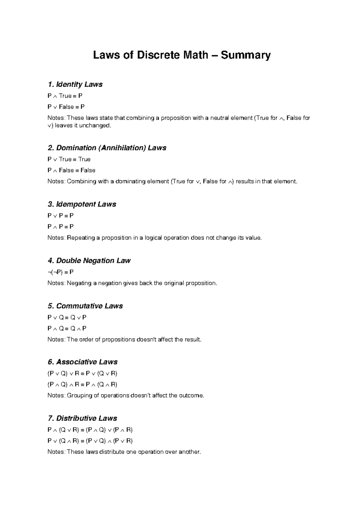 Laws of Discrete Math (MATH101) Summary and Key Points - Studocu