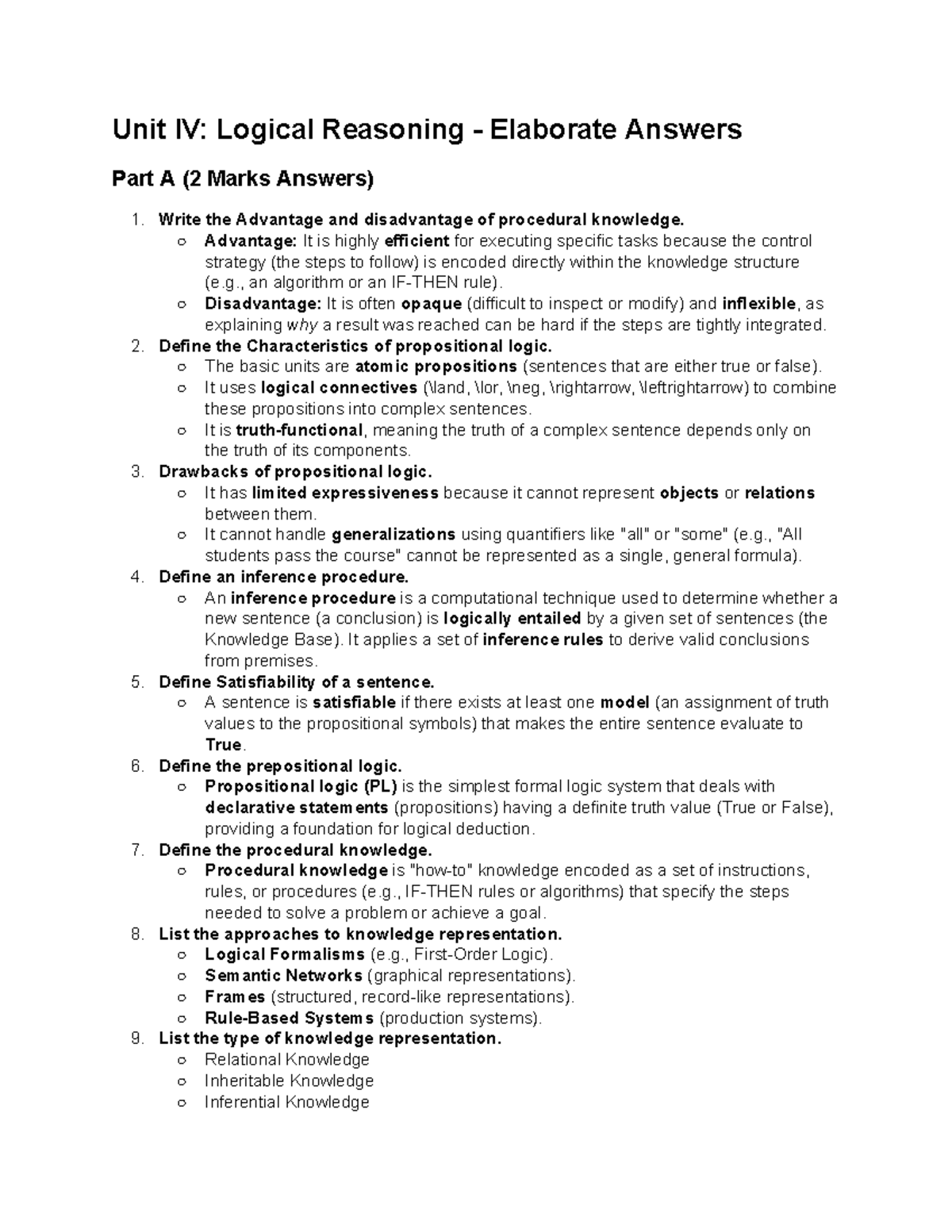 Unit IV: Logical Reasoning Answer Key (2 Marks & 16 Marks) - Studocu
