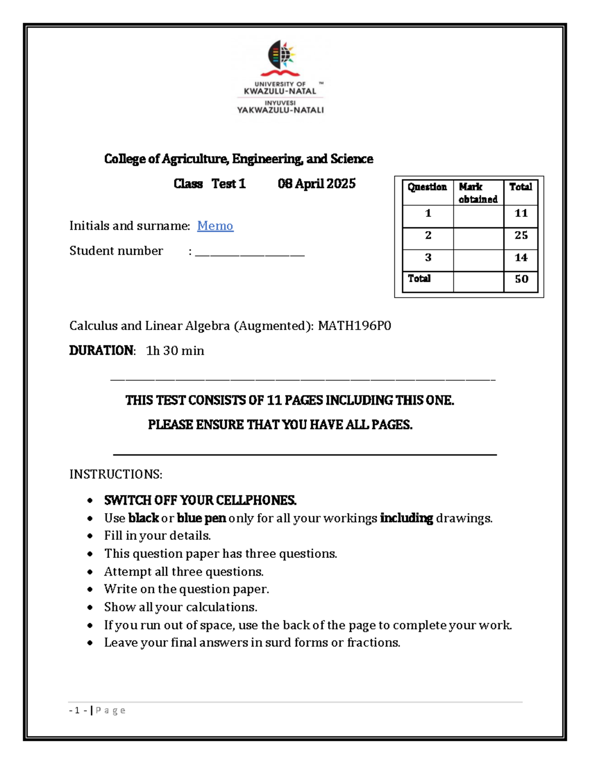 MATH196P0 Class Test 1 Memo - Calculus & Linear Algebra Practice - Studocu