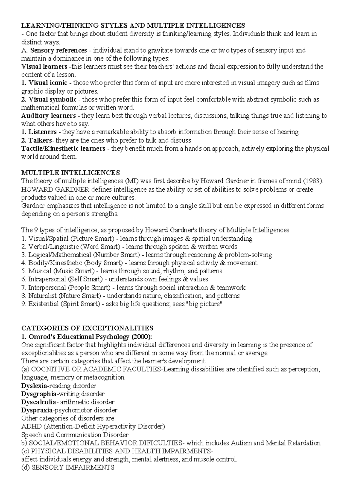 Midterm Study Guide: Styles, Intelligences, and Exceptionalities (EDU ...