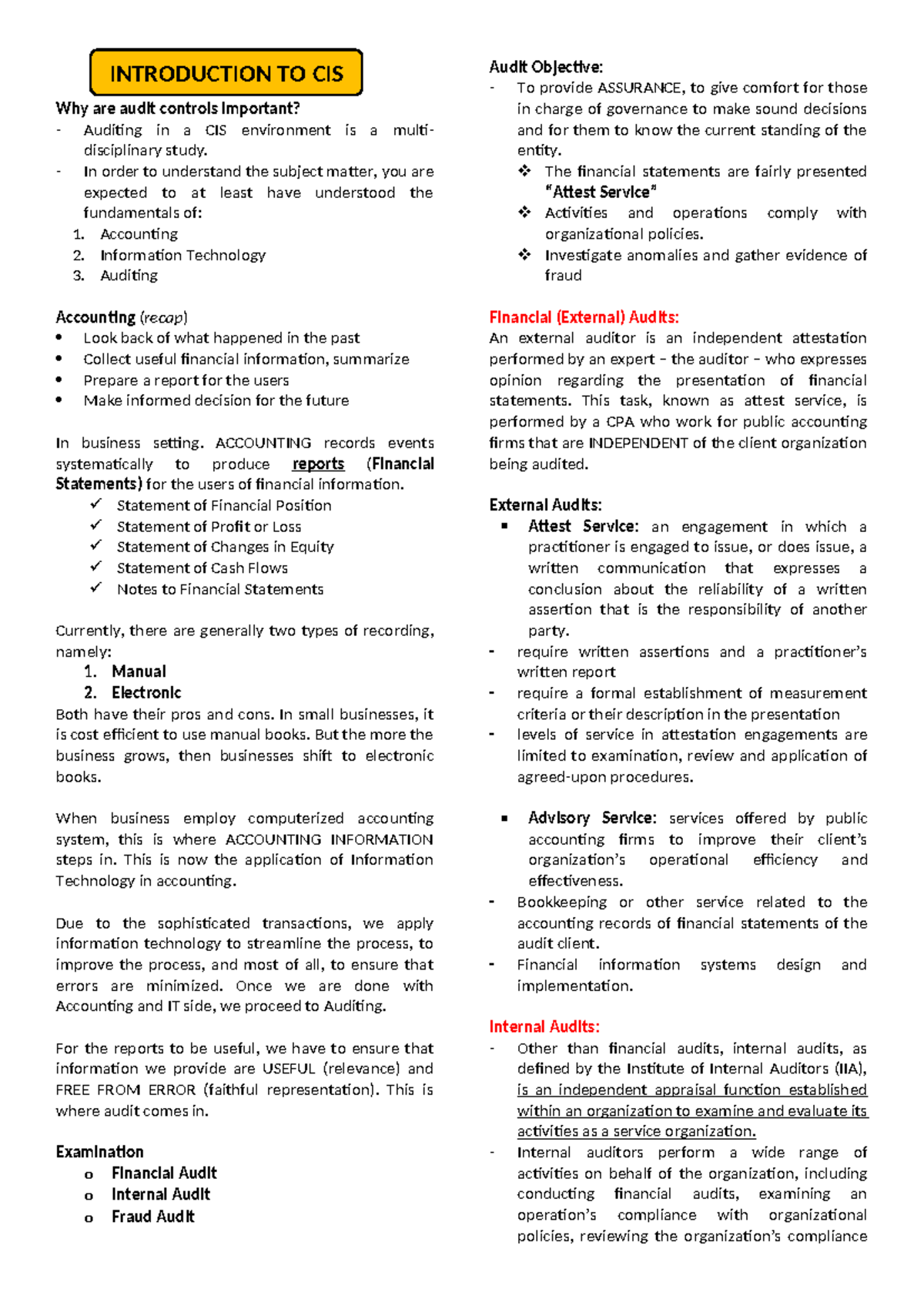 Reviewer - Introduction to CIS and Internal Audit - Why are audit ...