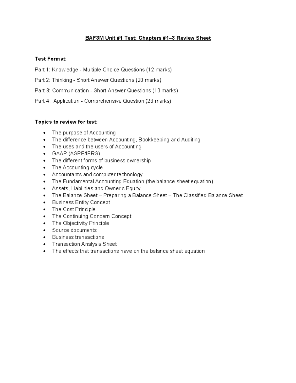 BAF3M Unit #1 Test Review: Chapters 1-3 Overview Sheet - Studocu