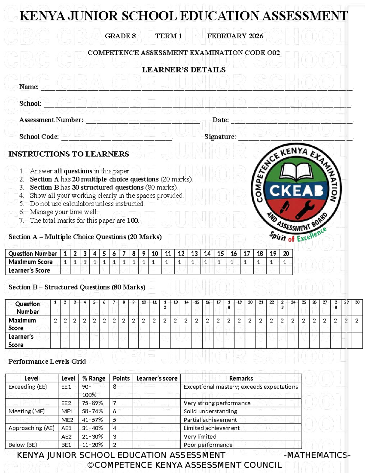 Grade 8 Mathematics Term 1 Assessment Exam - Code O02 - Studocu